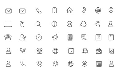 Contact us icon set with adjustable line weight, outline stroke, mail, phone, chat, message, consultation, location, global, user, online, form, call center, electronic mail, send, write,