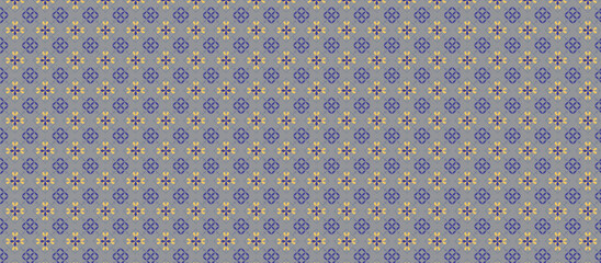 Repeating Grid Pattern of Stylized Floral and Geometric Motifs in Muted Purple-Blue and Pale Yellow-Tan on Light Grayish-Beige Background for Elegant Textile-Inspired Decorative Design Use