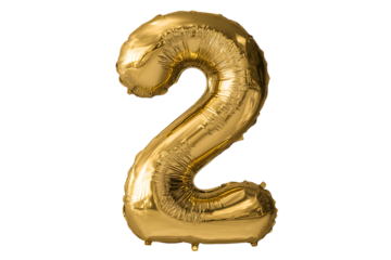 Shiny gold number 2 balloon on black background. Festive, celebratory, second anniversary concept.