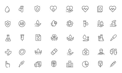 Blood drop and health icon set vector with adjustable line weight – includes donation, transfusion, shield, report, care, blood type, heart rate, protection, clinical analysis, laboratory, safety