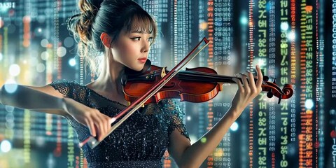 A woman plays the violin with digital data on the computerized internet - Powered by Adobe