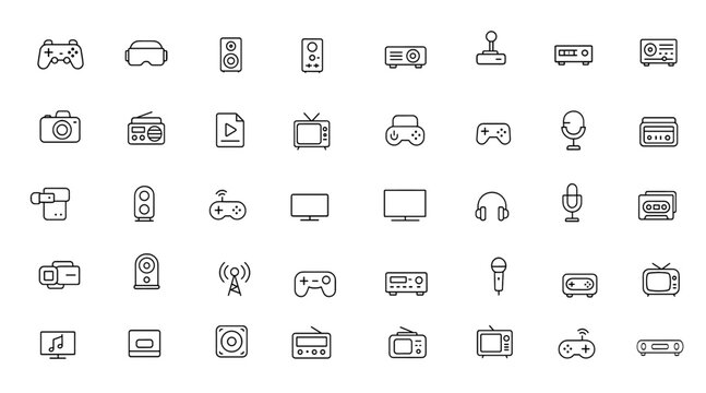Home Entertainment Icon Set Vector | Retro media devices, game controller, VR headset, projector, stereo, joystick, amplifier, camera, radio, router, turntable, audio system, virtual reality
