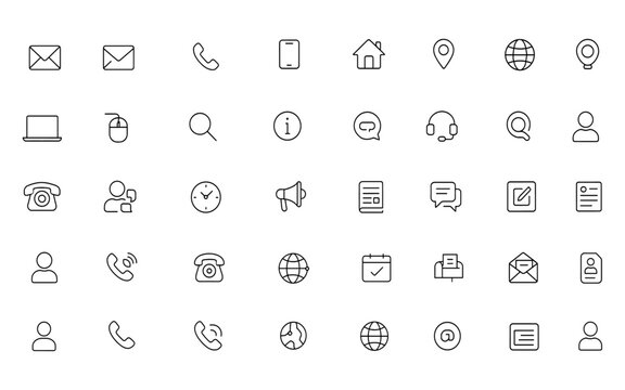 Contact us icon set with adjustable line weight, outline stroke, mail, phone, chat, message, consultation, location, global, user, online, form, call center, electronic mail, send, write,