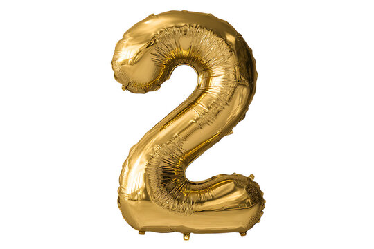 Shiny gold number 2 balloon on black background. Festive, celebratory, second anniversary concept.