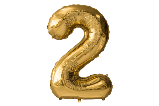 Shiny gold number 2 balloon on black background. Festive, celebratory, second anniversary concept.