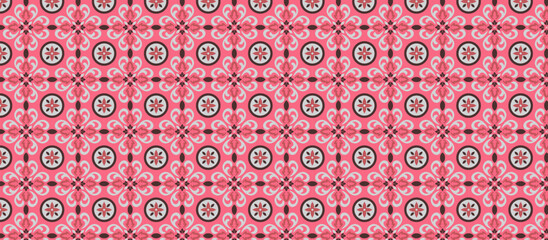 Repeating Symmetrical Floral Pattern with Intricate Pointed Petal Motifs in Red-Brown Circles on Pink-Peach Background, Featuring Grid-Like Lines for a Decorative Textural Design