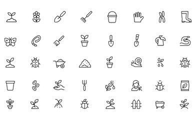 Vector Gardening Icon Set with Adjustable Line Weight | Plant, Flower, Shovel, Rake, Watering Can, Gloves, Boots, Butterfly, Hose, Pruner, Soil, Growth Tools, Bloom