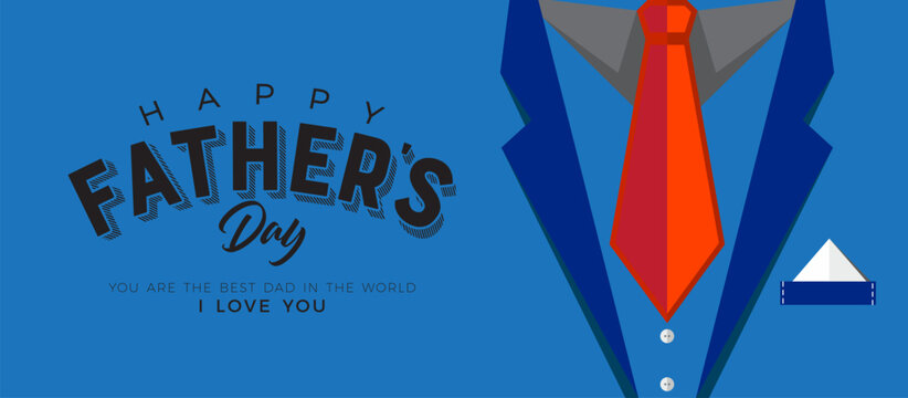 Father’s Day Banner with Arched “HAPPY FATHER’S Day” in Vintage Black Font, Loving Message Below, and Flat Cartoon Style Blue Suit with Red Tie on Light Background for Celebratory Use