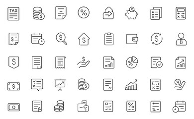 Finance Tax Icon Set | Adjustable Line Weight Vector | Accounting, Invoice, Payment, Refund, Savings, Audit, Calculator, Income, Deduction, Budget, Payroll, Currency, Report, Business,