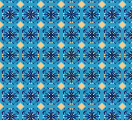 Repeating Pattern of Light Teal Decorative Tiles with Centered Dark Navy Floral Arabesque Motifs, Swirling Loops, and Peach Diamond Accents for Ornamental Geometric Background Use