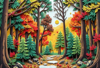 Fototapeta premium Stylized paper C, forest cutout; intricate detail, woodland, wood