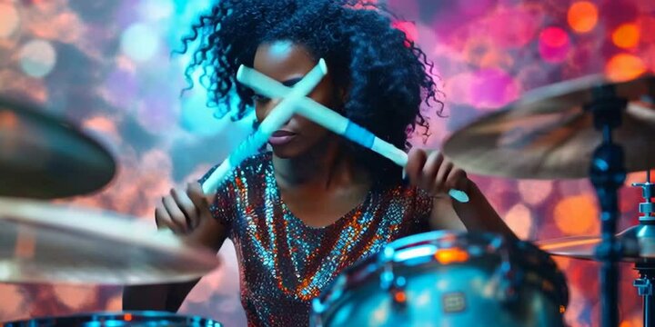 A woman plays the drums with digital data on the computerized internet