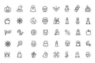 Obraz premium Spooky Halloween Icon Set | Vector Illustration with Adjustable Line Weight | Includes Pumpkin, Witch Hat, Ghost, Skull, Bat, Spider, Potion, Candy, Tombstone, Broomstick, Lantern