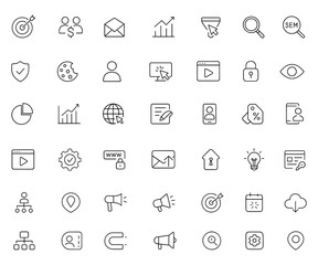 Digital Marketing Icon Set Vector | Adjustable Line Weight | SEO, SEM, Analytics, Conversion, Campaign, E-commerce, User Tracking, Cookie, Security, Email, Target Icons, online advertising