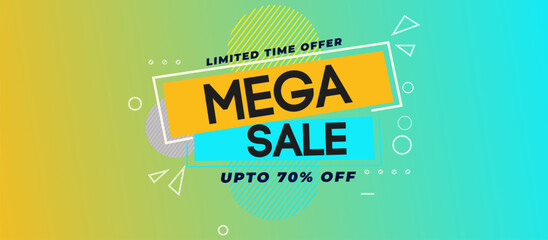 Modern MEGA SALE Promotional Banner with Bold Black Text on Yellow and Teal Background — Abstract Shapes, Limited Time Offer, and UPTO 70% OFF Highlight for Retail Marketing Design