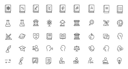 Education Books Icon Set | Vector Line Art | Learning, Science, Math, Literature, History, Geography, Music, Curriculum, Student, Textbook, Syllabus, Academic Subject Icons, Study Tools
