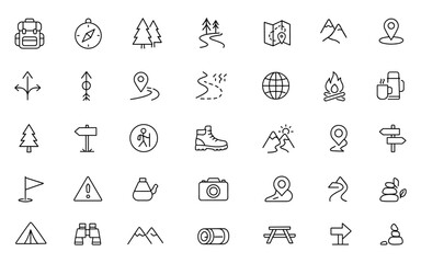 Outdoor Hiking and Trail Icon Set | Adjustable Line Weight Vector | Backpack, Compass, Tent, Mountain, Forest, Map, Navigation, Campfire, Travel, Adventure, Trekking, Exploration Icons