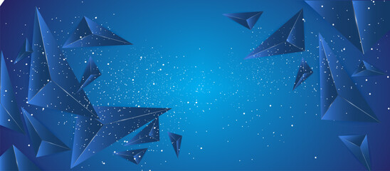 Vibrant Deep Blue Abstract Background with Intersecting Dark Triangular Shapes and Light Specks, Dynamic Geometric Composition with Depth and Gradient for Digital and Tech Use