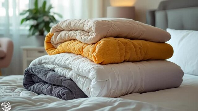 Stack of folded blankets on a bed in a light and airy bedroom.