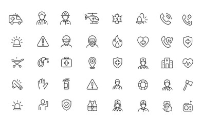 Emergency Vector Icon Set with Adjustable Line Weight — Ambulance, Paramedic, Firefighter, Police, Rescue, Medical, Siren, Alarm, Safety, Healthcare, Hazard, First Response, Urgency