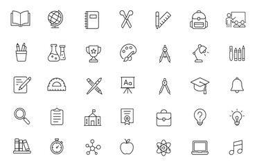 Vector Education Icon Set for Learning | Adjustable Line Weight | School Supplies, Book, Globe, Calculator, Backpack, Chemistry, Art, Presentation, Trophy, Classroom Tools, Study