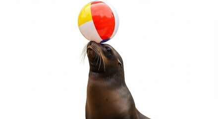 Fototapeta premium 明るい光の中で アザラシが上手にボールをバランスする. AI Generated