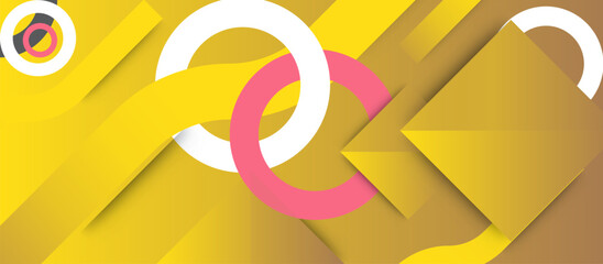 Vibrant Abstract Design with Overlapping Yellow and Gold Geometric Shapes, White and Pink Intertwined Circles, and Layered 3D Planes for Modern Graphic, Branding, and UI Projects
