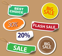 Flat Style Promotional Sticker Set with Colorful Tags in Oval, Circular, and Rectangular Shapes, Curled 3D Labels Reading “Sale,” “Flash Sale,” and Discounts for Marketing Design