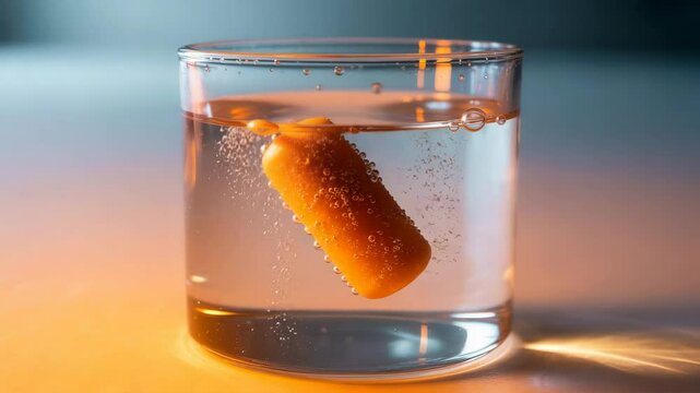This video captures an effervescent tablet fizzing in water as bubbles gently rise to the surface