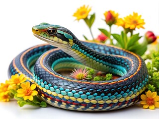 Fototapeta premium Three striking hornbills perched on a branch against a bright white background