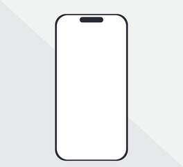 Minimal Flat Mockup of Smartphone with Blank White Screen on Light Gray Background, Vertical Black Line Art Featuring Notch and Subtle Shadow for App and Tech Designs