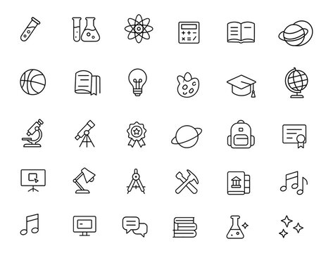 Educational Vector Icon Set | School Symbols with Adjustable Line Weight | Science, Math, Art, Sports, Chemistry, Biology, Astronomy, Books, Awards, Learning Tools, Microscope