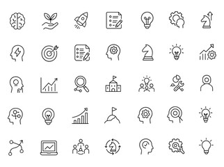 Creative Innovation & Progress Icon Set Vector | Adjustable Line Weight | Brainstorm, Startup, Strategy, Growth, Idea, Research, Development, Planning, Rocket, Productivity, Teamwork