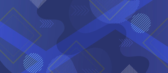 Navy Blue Abstract Background with Fluid Overlapping Shapes and Gold Grid lined Geometric Elements, Dynamic Visual Design Featuring Circles, Squares, and Arrows for Digital Projects