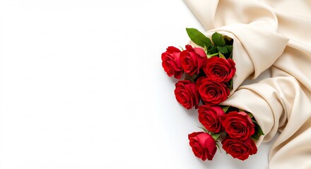 輝く絹布に包まれた深紅のバラ束 上品な光彩. AI Generated