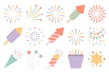 Obraz premium Colorful celebration icon set, party rockets, fireworks, hats, confetti, festive event elements, birthday design, modern illustration