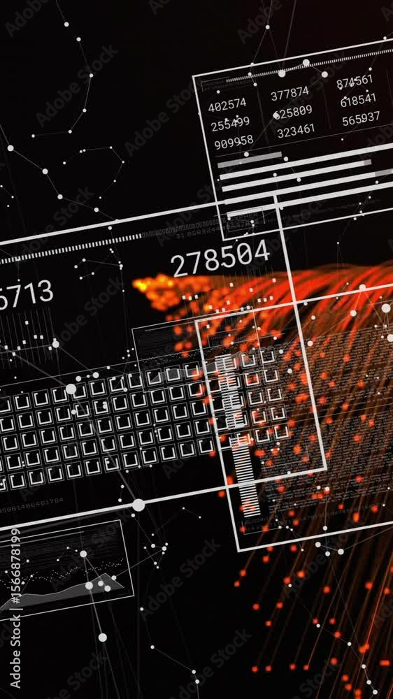 Poster animation of graphs, changing numbers, loading squares over connected dots and abstract pattern
