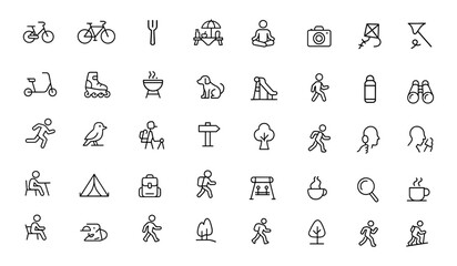 Vector Icon Set of Park Activities   Adjustable Line Weight   Hiking, Yoga, Skateboard, Biking, Picnic, Camera, Scooter, Rollerblade, Kite, Barbecue, Dog, Play, Outdoor Fun Icons, © aura studio