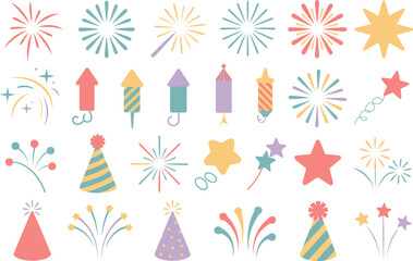 Party icon set with hats, fireworks, and stars, colorful celebration elements, festive vector, holiday event background, cheerful design
