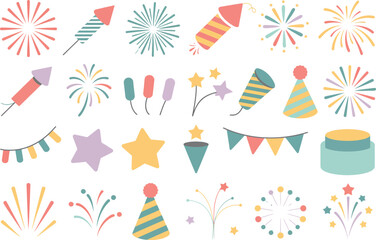 Fototapeta premium Party icon set with hats, fireworks, and stars, colorful celebration elements, festive vector, holiday event background, cheerful design