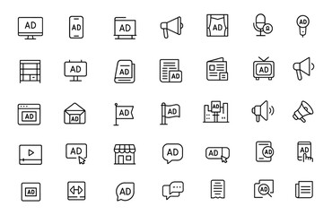Icon set of advertisement placements with adjustable line weight, marketing media symbols, digital advertising, billboard, podcast, television, mobile web, vector outline, banner, interface,