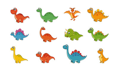 Cute Cartoon Dinosaur Collection:  Vibrant Colors, Playful Expressions, Isolated on Black Background.