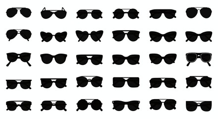 A collection of various styles of sunglasses arranged in a grid pattern on a white background design style