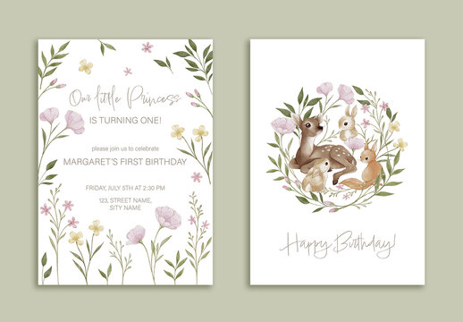 Birthday card with floral wreath and baby animals: deer, squirrel, rabbits. White background. First birthday invitation in watercolor style. Soft floral decor, nursery card design.
