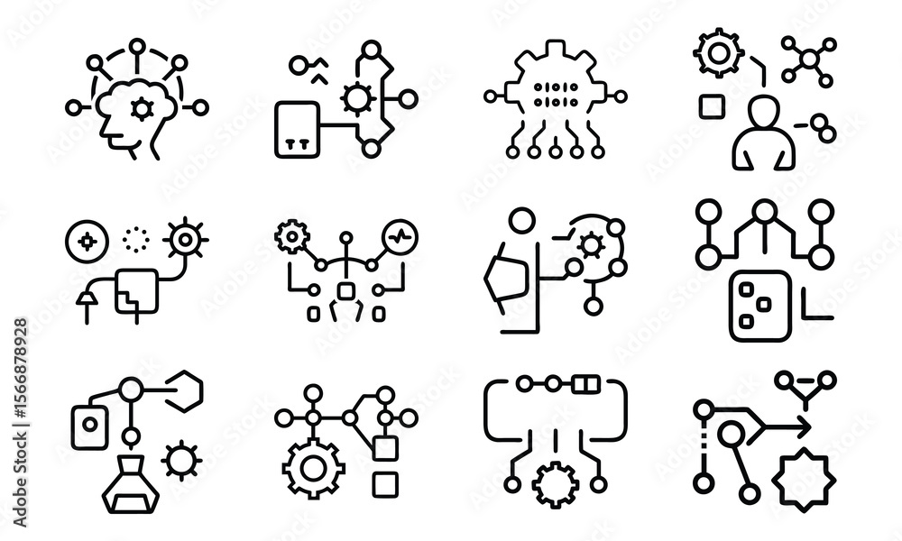 Poster collection of linear style data processing and artificial intelligence concept icons