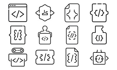 Simple black and white coding icons representing programming development and technology