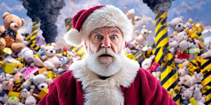 santa claus with a bag of gifts that are destroyed in toy factory