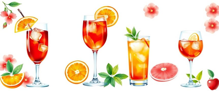 Vibrant watercolor Aperol spritz set, Italian summer theme, graphics, celebration