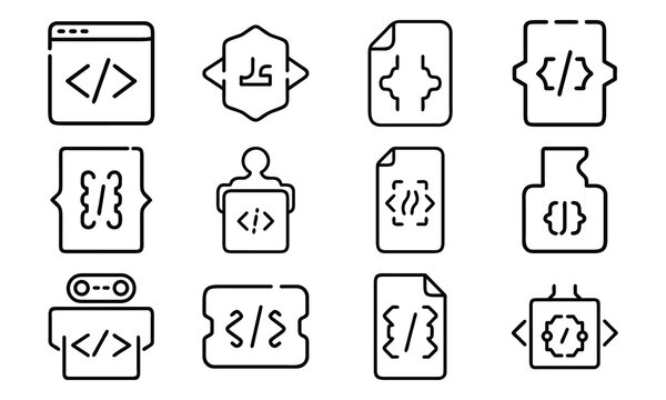 Simple black and white coding icons representing programming development and technology