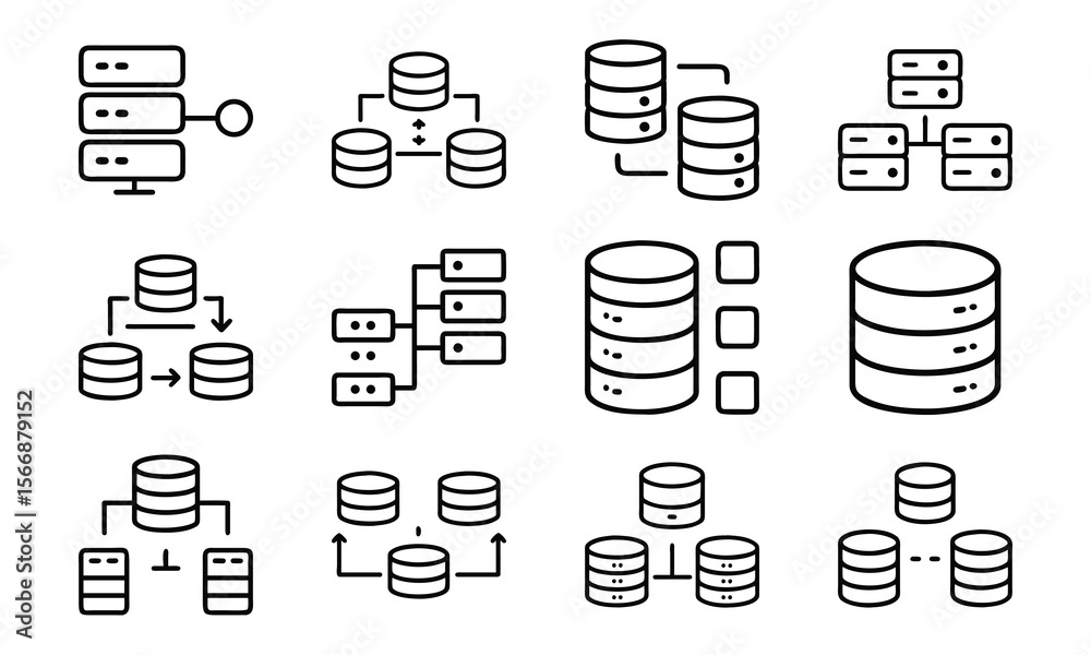 Poster collection of database icons illustrating data storage and network architecture